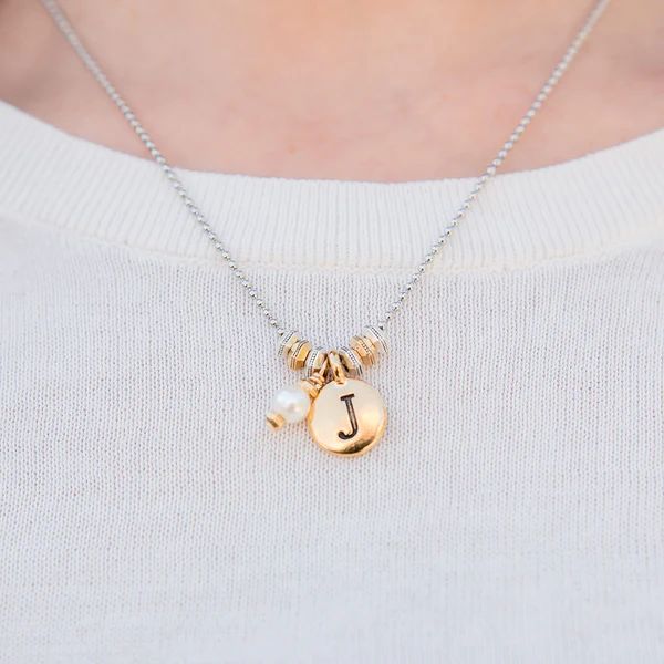 Gold Round Initial Adjustable Necklace with Freshwater Pearl | Lizzy James Jewelry