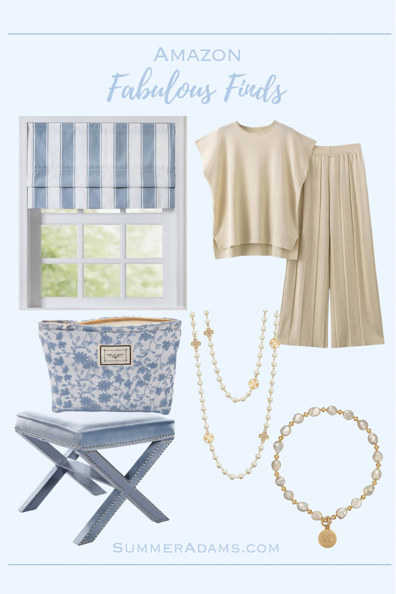 Custom blue roman shades on Amazon! Also loving the blue travel case, blue x bench, gold and pearl jewelry, and comfy chic Amazon lounge set.

#LTKhome #LTKitbag #LTKtravel