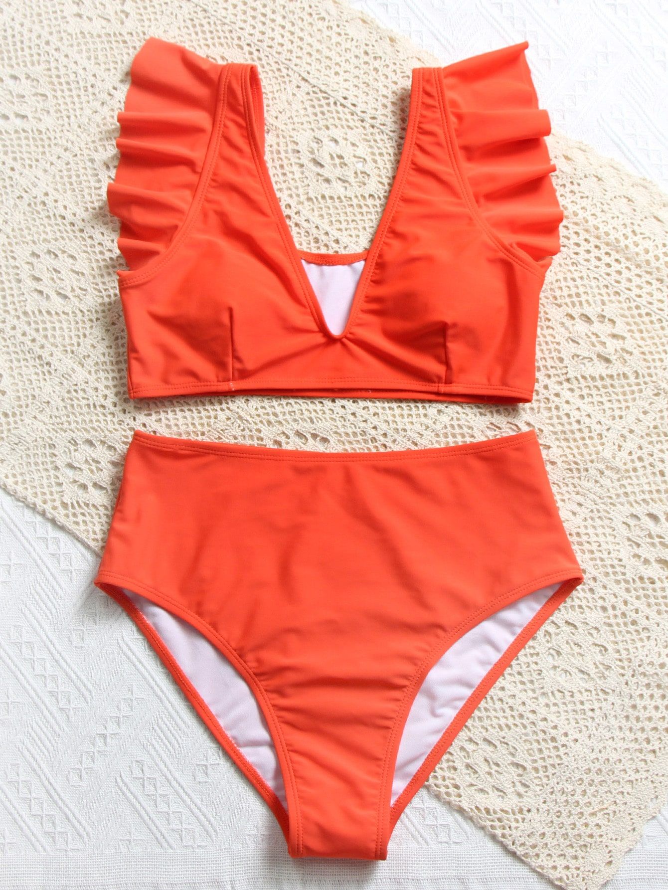 Ruffle Trim High Waisted Bikini Swimsuit | SHEIN