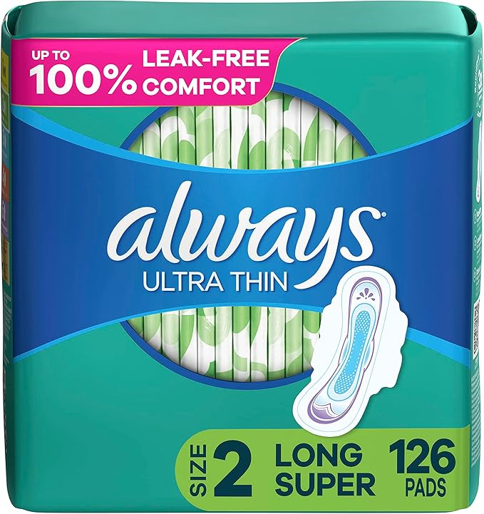 Always Ultra Thin Feminine Pads with Wings for Women, Super Absorbency, Unscented, Size 2, 126 Co... | Amazon (US)