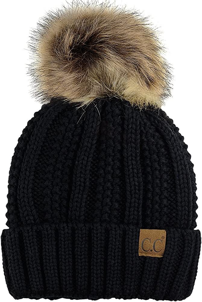C.C Thick Cable Knit Faux Fuzzy Fur Pom Fleece Lined Skull Cap Cuff Beanie, Black at Amazon Women... | Amazon (US)