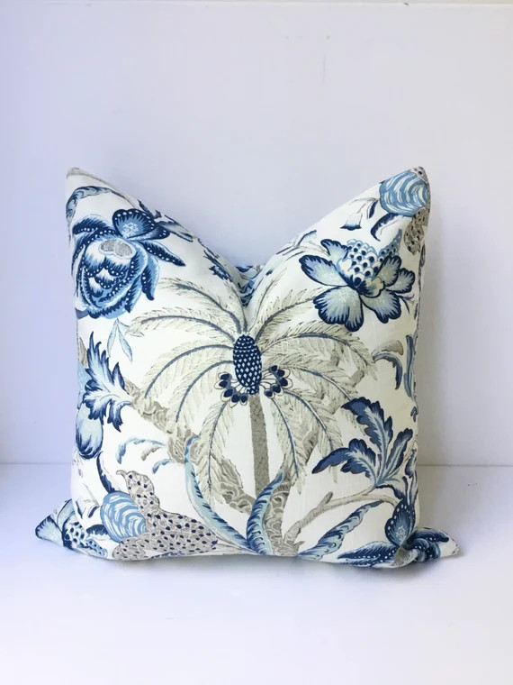 Hamptons Palm Tree Cushions, Blue and Ivory Pillow Covers, Beach House Tropical, Cushions Austral... | Etsy (US)