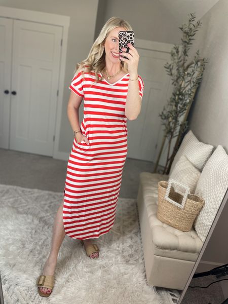 Weekend Walmart wins try on 
Red stripe midi dress with slits- medium 

#LTKshoecrush #LTKstyletip #LTKunder50