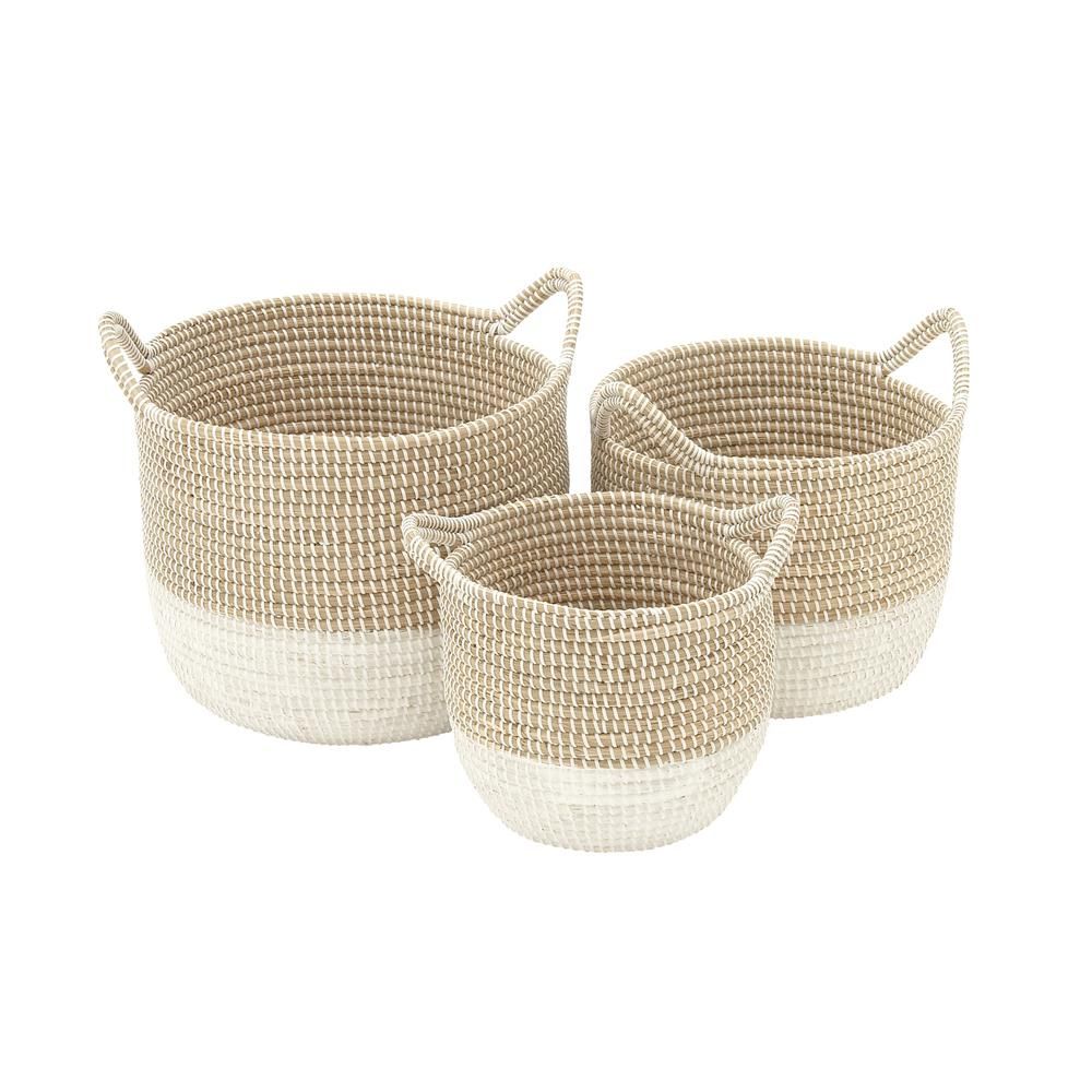 CosmoLiving by Cosmopolitan Brown and White Corded Seagrass Round Baskets with Arched Cord Handles ( | The Home Depot
