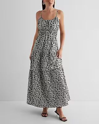 Floral Scoop Neck Pleated Tiered Poplin Maxi Dress | Express