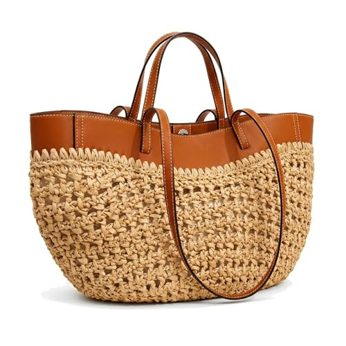 HDWKBOY Straw Beach Bags for Women, Boho Summer Purse Tote with PU Shoulder Strap (Brown) | Amazon (US)