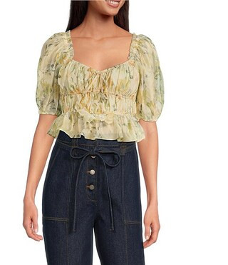 Elliot Floral Print Scoop Neck Short Puff Sleeve Organza Top | Dillard's