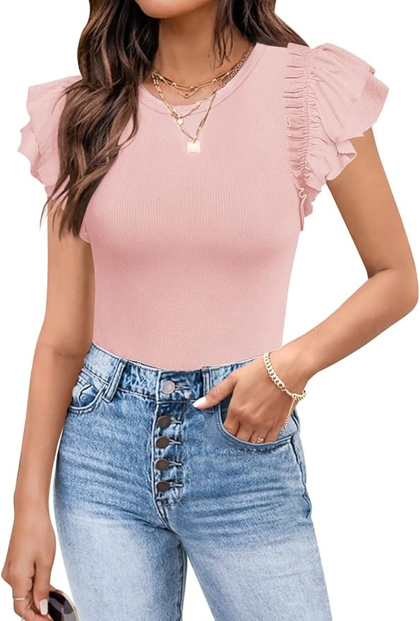 OWIN Women's Summer Round Neck Ruffle Short Sleeve T shirts Bodysuit Stretchy Slim Fit Ribbed Kni... | Amazon (US)