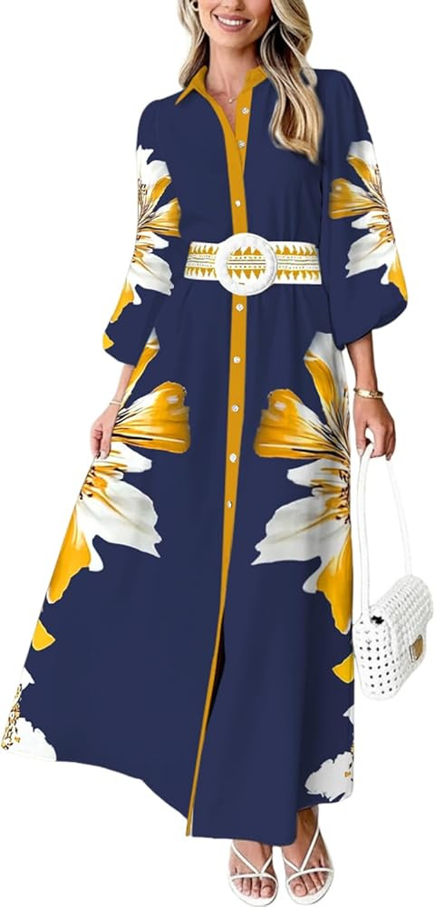 Floral Dress for Women 2026 Summer Boho Maxi Dresses Casual Long Sleeve Button Down Tie Waist Shi... | Amazon (US)