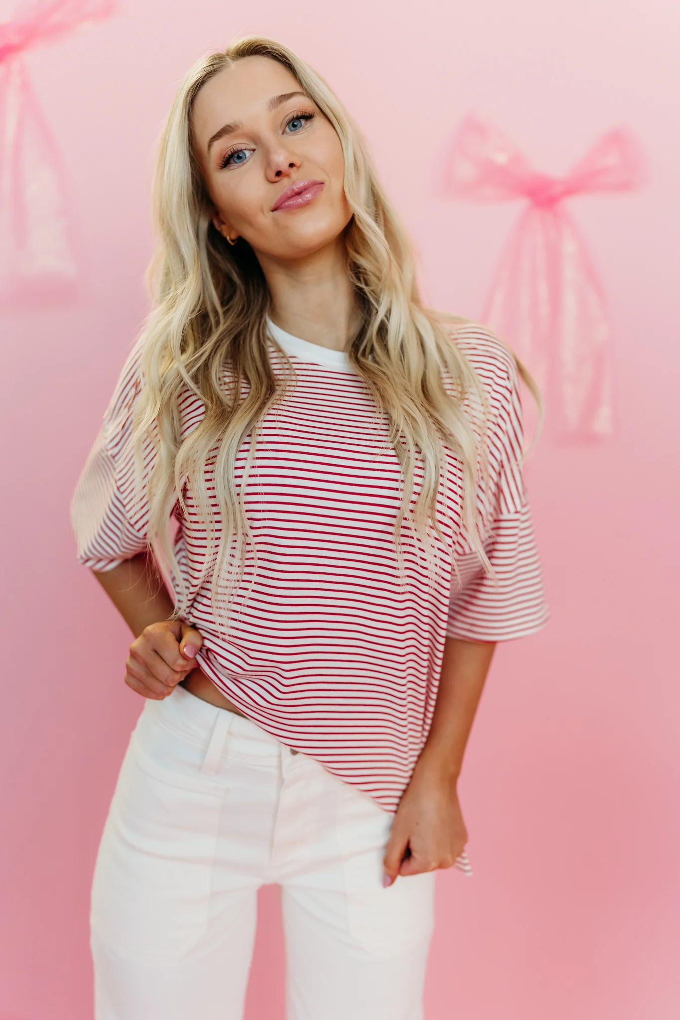 THE BRENNA BASIC STRIPED SHORT SLEEVE TOP IN RED | Pink Desert