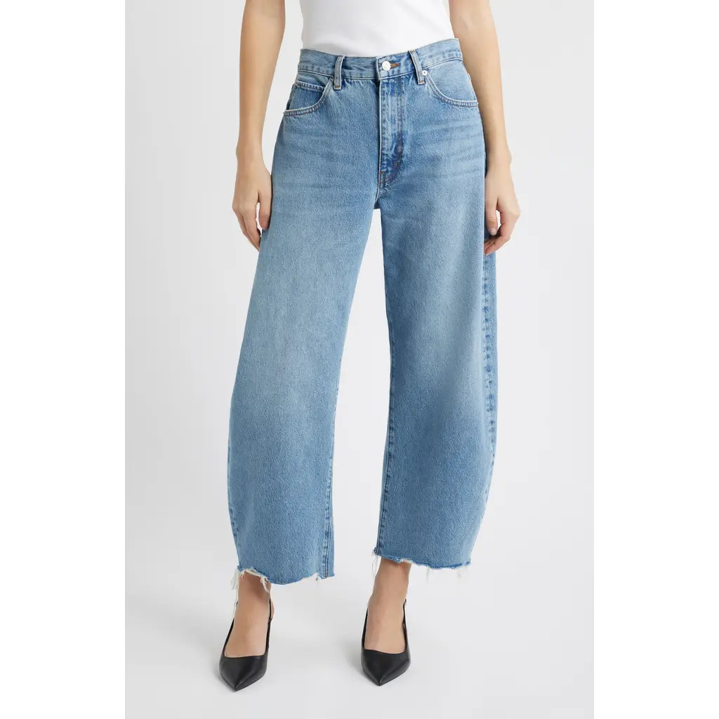 FRAME The Bubble Raw Hem Crop Barrel Leg Jeans in Rapture Raw Fray at Nordstrom, Size 24 | Nordstrom