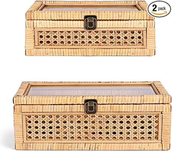 Rattan Decorative Box with Lid, Rectangular Woven with Glass for Display, Set of 2 Wicker for Dec... | Amazon (US)