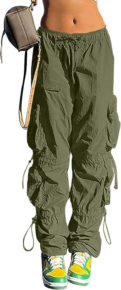 Baggy Parachute Pants for Women Drawstring Elastic Low Waist Ruched Cargo Pants Multiple Pockets ... | Amazon (US)