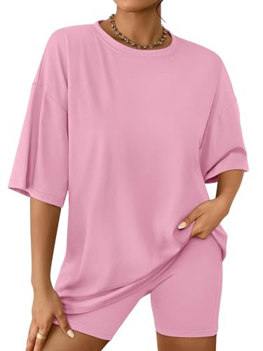 AUTOMET Womens 2 Piece Sets Summer Outfits 2026 Two Piece Lounge Set Matching Clothing Oversized Tshirts Biker Short Fashion BabyPink M | Amazon (US)