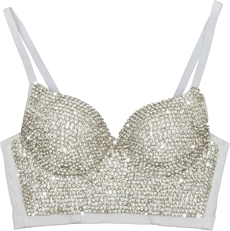 ELLACCI Women's Handmade Rhinestone Diamond Push up Bustier Crop Top Sexy Punk Corset Bra White | Amazon (US)