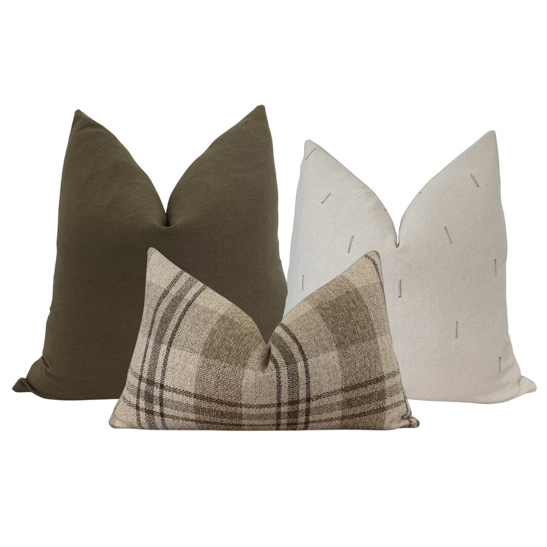 Olive Green and Neutral Plaid Sofa Pillow Set, Cover Only - Etsy | Etsy (US)