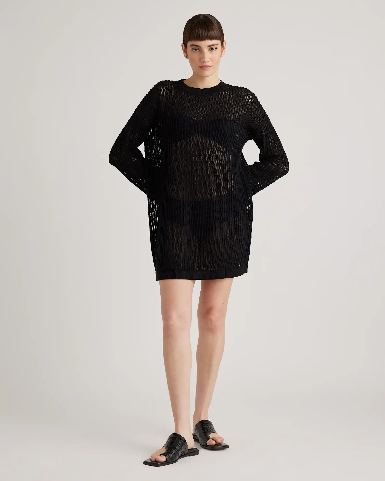 100% Organic Cotton Open-Knit Long Sleeve Cover-Up Mini Dress in Black | Quince
