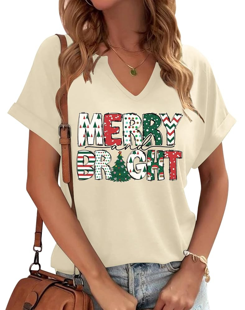 Christmas Shirts Women Merry Christmas Letter T-Shirt Christmas Graphic Shirt Xmas Holiday Casual... | Amazon (US)