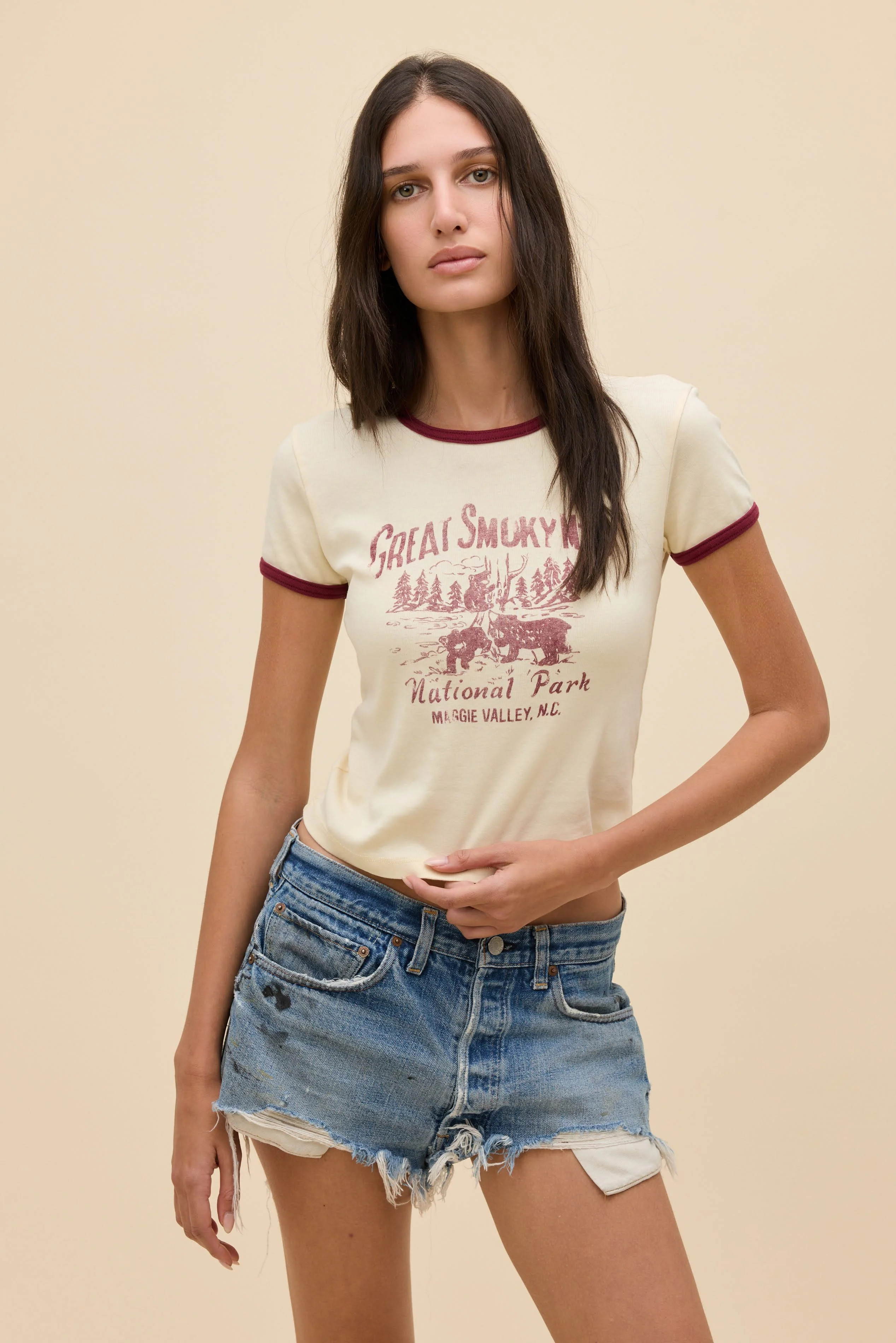 Great Smoky Mtns Slim Ringer Tee in Yellow | 100% Cotton T-Shirt in Pale Yellow | Daydreamer