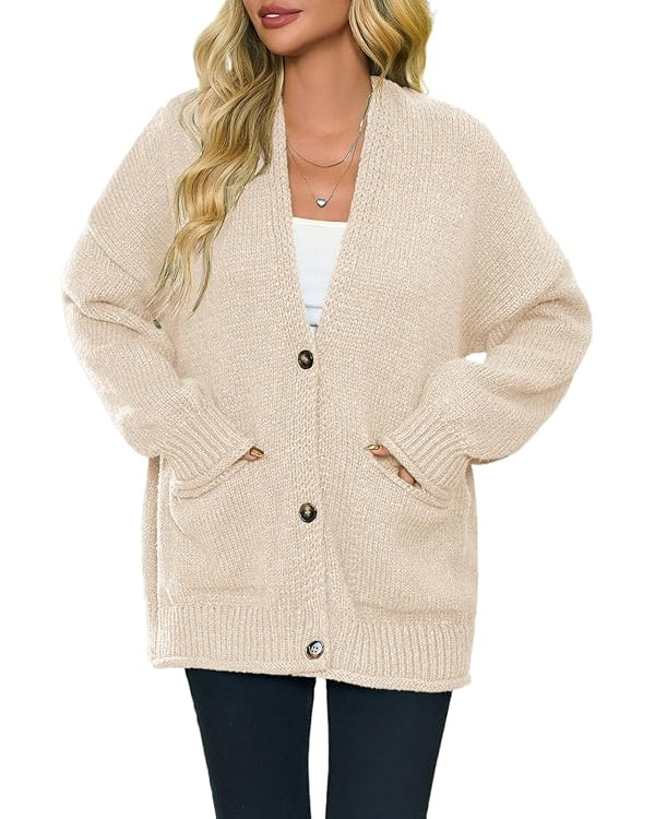 Saodimallsu Womens Chunky V Neck Cardigan Sweater Puff Sleeve Knit Cardigans Button Down Outwear ... | Amazon (US)