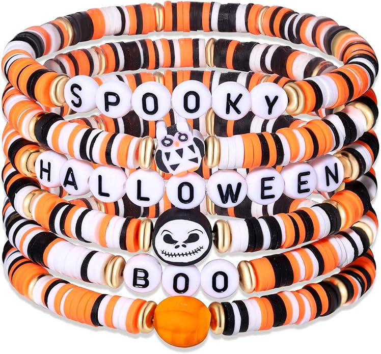 boderier Halloween Heishi Bracelet Set Stack Spooky BOO Vinyl Disc Bead Surfer Stretch Bracelet H... | Amazon (US)