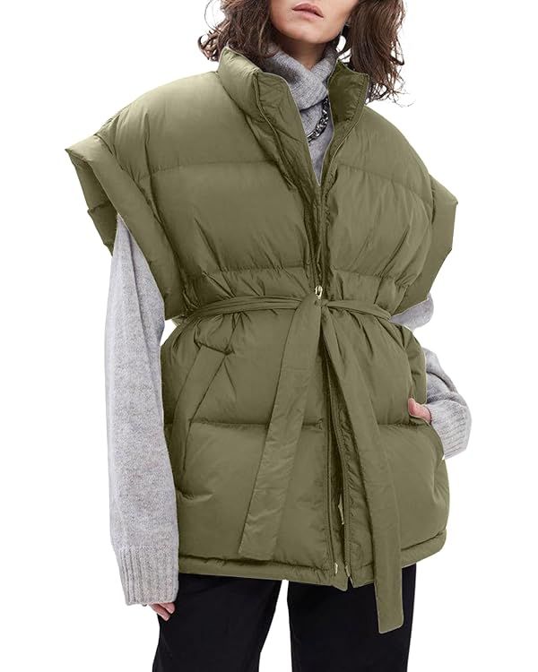 Langwyqu Women Oversized Puffer Vests Sleeveless Stand Collar Zipper Puffy Jackets with Belt | Amazon (US)