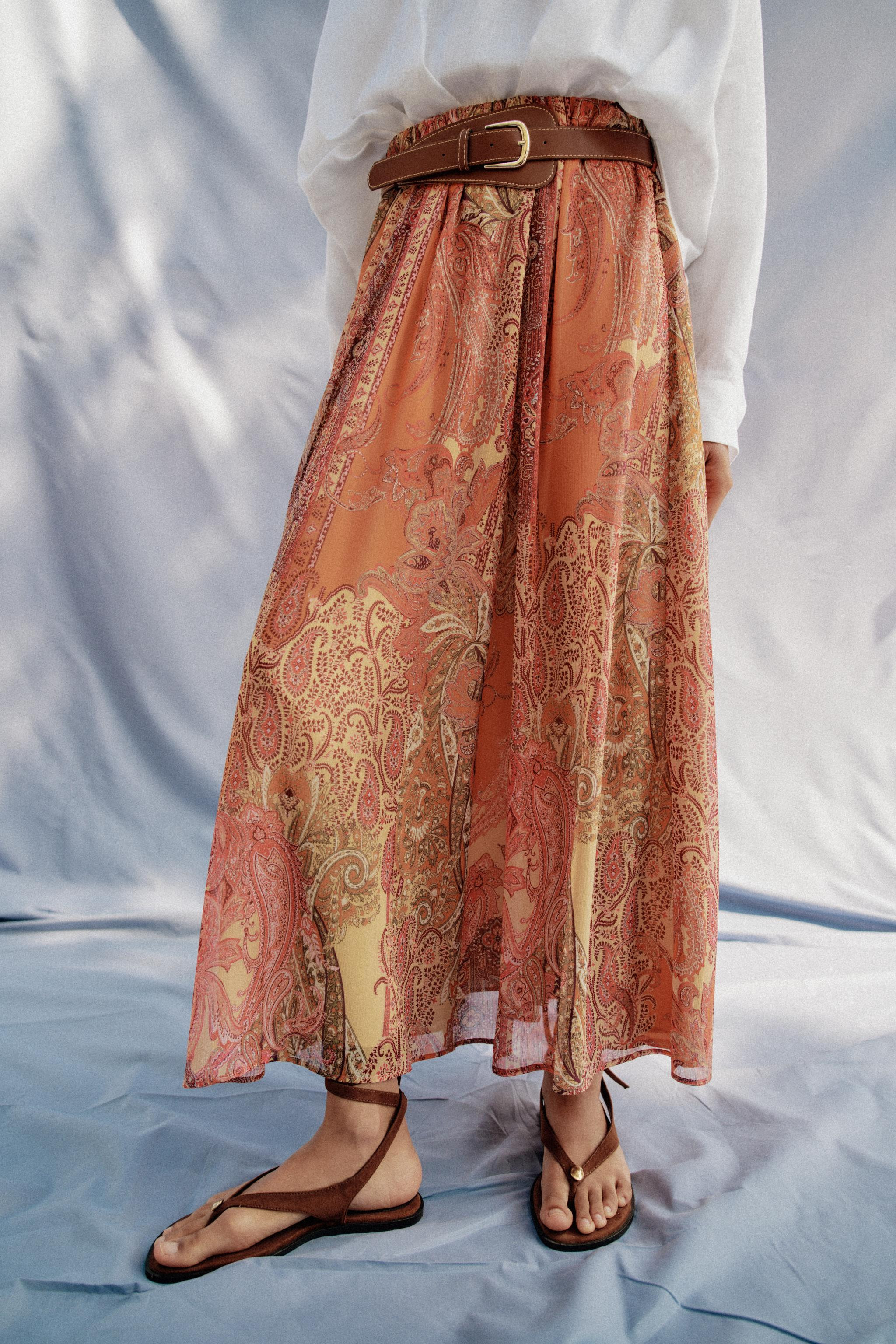 PRINTED MIDI SKIRT WITH BELT | Zara US