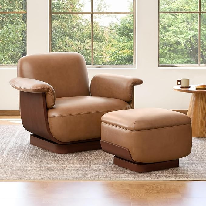 CHITA Genuine Leather Swivel Chair with Storage Ottoman, Modern Living Room Accent Chair with Lou... | Amazon (US)