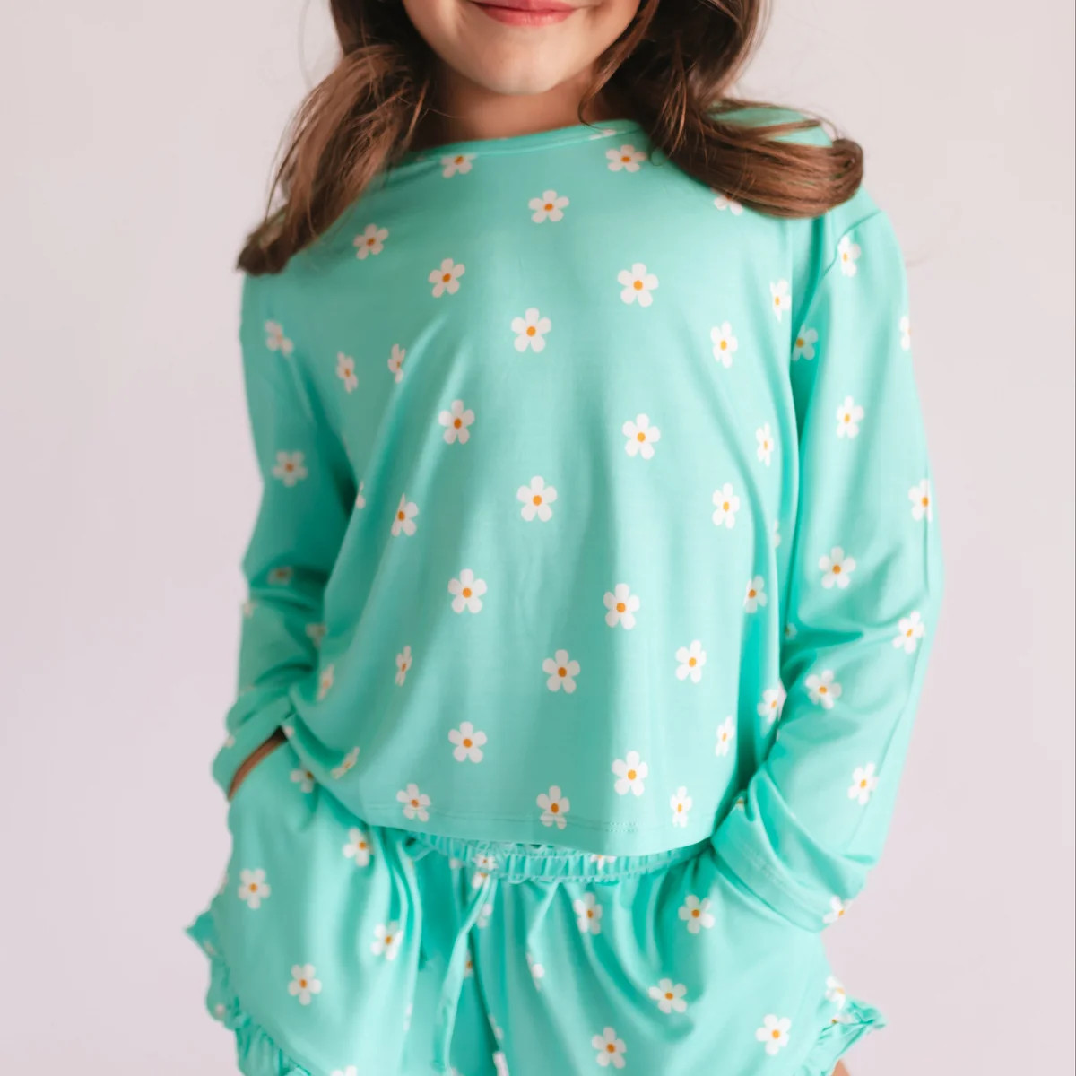 Girl's Long Sleeve and Ruffle Shorts Set in Neon Flowers | Silks Design