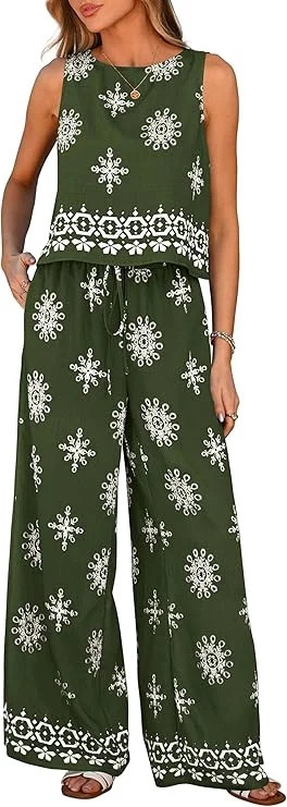 PRETTYGARDEN Women's Summer 2 Piece Lounge Sets Boho Floral Tank Tops Flowy Wide Peg Pants Travel... | Walmart (US)