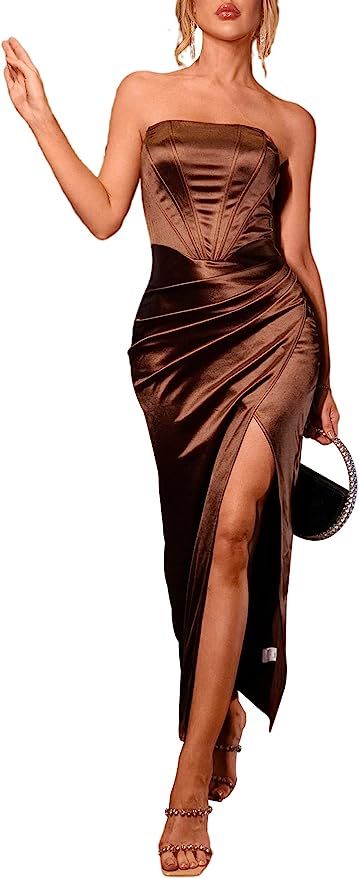 XinFSh Women's Satin Bodycon Ruched Tube Dress Sexy Corset Vintage High Slit Open Back Dresses | Amazon (US)