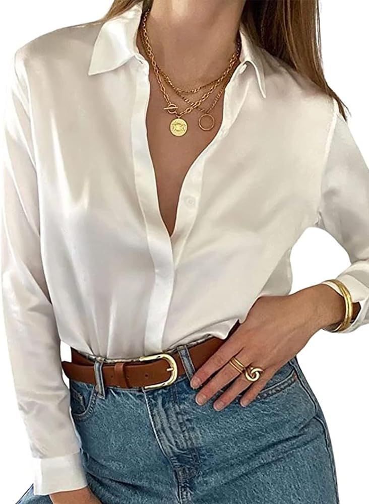 Bloggerlove Women Satin Shirts Button Down Blouse Casual Long Sleeve Silk Blouse Office Work Top | Amazon (US)