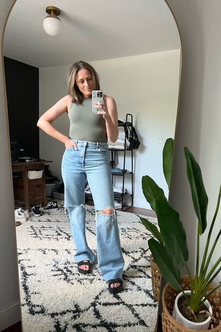 Summer outfit idea. Casual outfit idea. Tank top bodysuit. Wide leg jeans. Black platform sandals.

Sizing
Bodysuit is a small.
Jeans are older from Zara and cannot be linked, but I linked similar options.
Go up a full size in the sandals.

#LTKunder100 #LTKunder50 #LTKstyletip