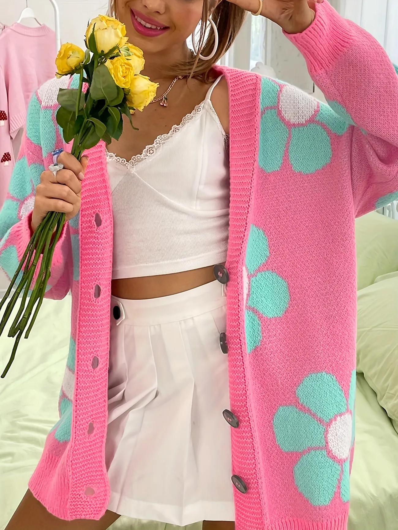 Floral Pattern Knit Cardigan, Casual Button Front Long Sleeve Sweater, Women's Clothing - Temu | Temu Affiliate Program