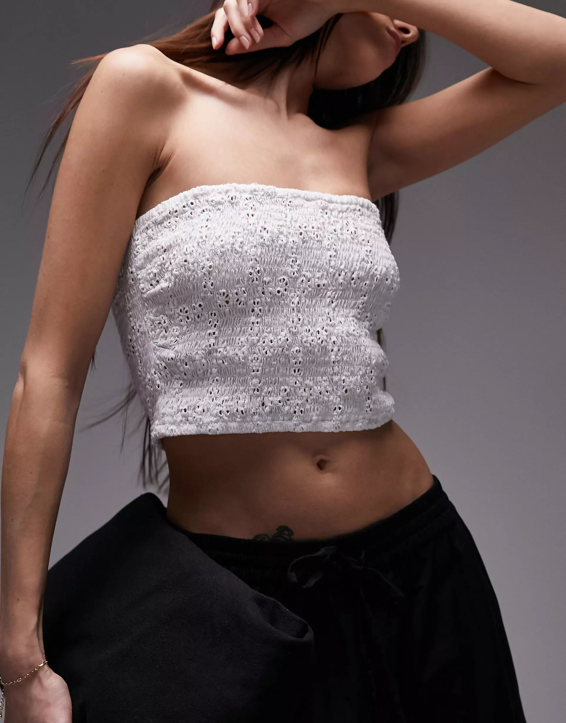 Topshop broderie shirred bandeau top in white - part of a set | ASOS (Global)
