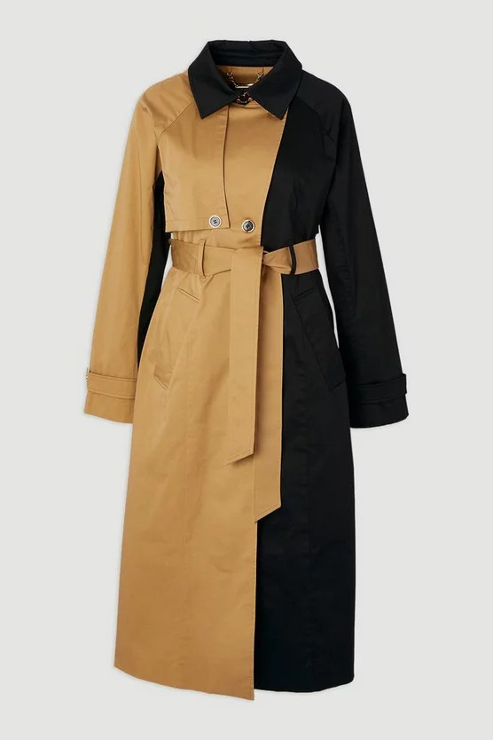 Plus Size Colour Block Belted Tailored Trench Coat | Karen Millen UK + IE + DE + NL