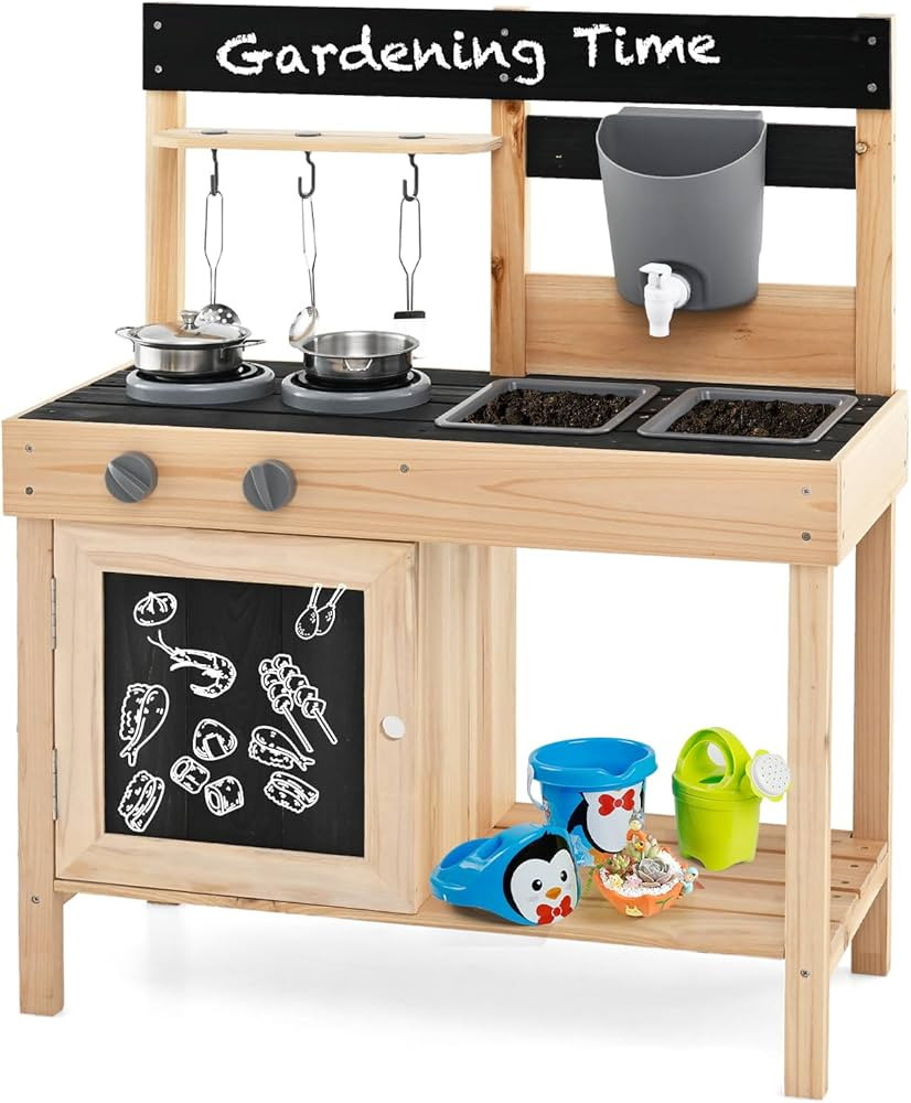  Fir Wood Outdoor Play Kitchen for Toddlers, Realistic Faucet & Water Tank, Stoves, Sink... | Amazon (US)
