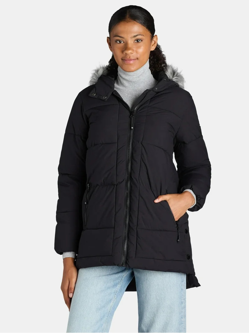 Big Chill Women's and Women's Plus Wide Quilted Puffer Coat with Faux Fur Trim Hood, Sizes S-3X -... | Walmart (US)