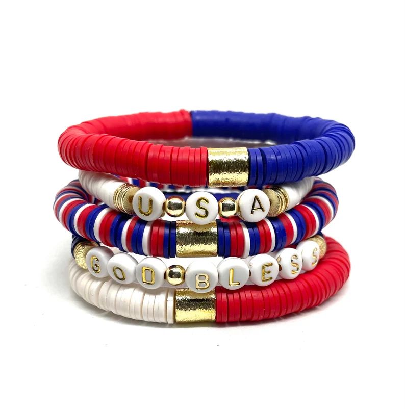 Heishi Clay Bracelet Patriotic Stack/ 8mm Soft African Disc Bracelet/Red/White/Blue/Stretch Brace... | Etsy (US)
