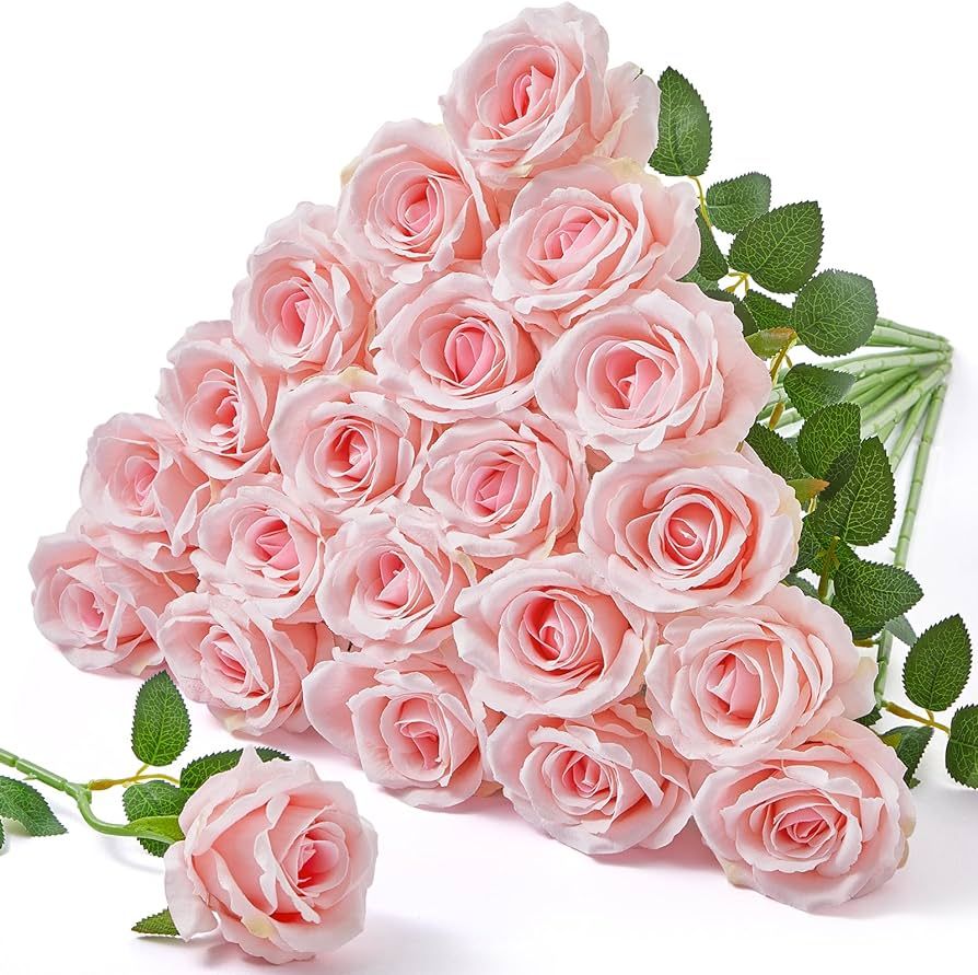 Serwalin 𝟮𝟬𝗽𝗰𝘀 Artificial Roses, Pink 𝗩𝗲𝗹𝘃𝗲𝘁 Roses Real Touch, S... | Amazon (US)