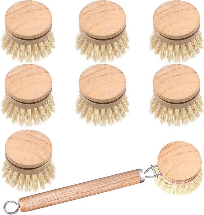 8 Pcs Wooden Dish Brush with Handle Bamboo Scrub Brush for Dishes with Dish Brush Replacement Hea... | Amazon (US)