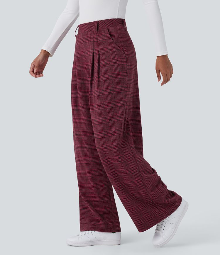 Women’s High Waisted Pocket Wide Leg Houndstooth Plaid Casual Pants - Halara | HALARA