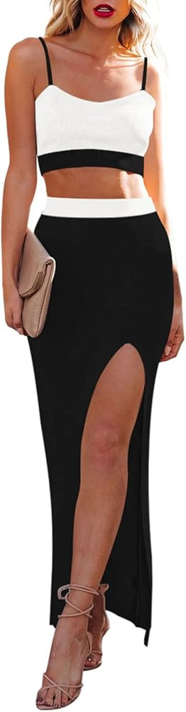 Cutiefox Women's Knit 2 Piece Dress Cami Crop Top High Side Slit Bodycon Long Skirt Set | Amazon (US)