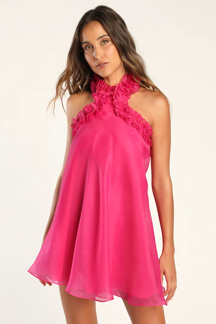 Perfect Stunner Hot Pink Organza Ruffled Halter Mini Dress | Lulus (US)