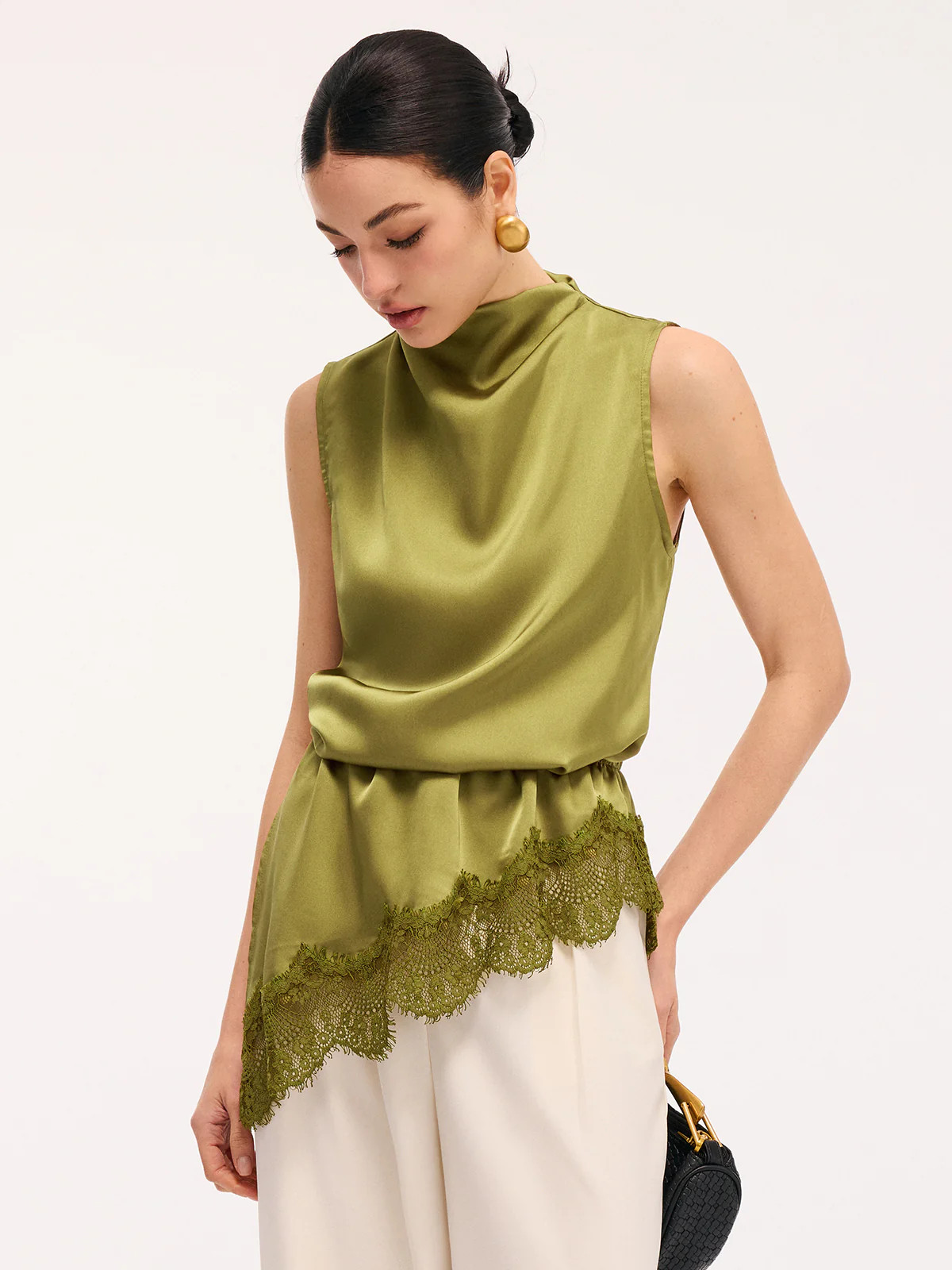 Lace Trim Satin Sleeveless Blouse | Commense