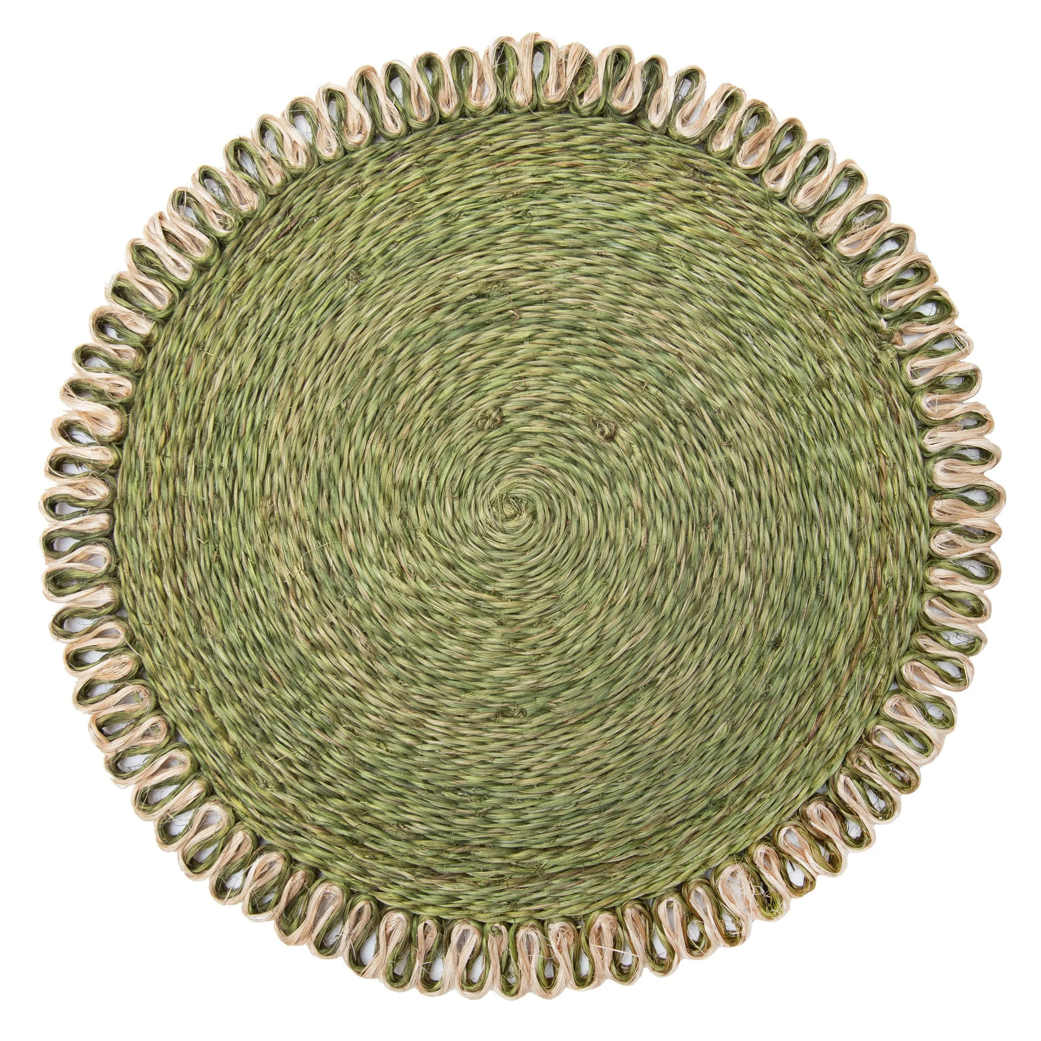 Loopy Abaca Olive Green & Natural 15" Round Placemats - Set of 4 | Couleur Nature