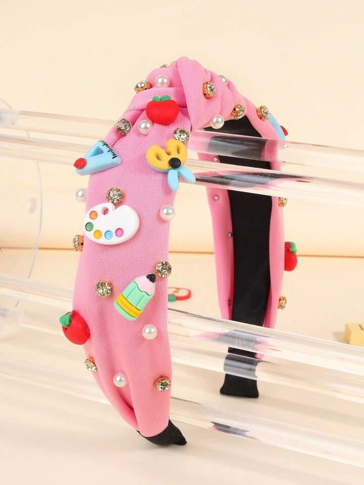 3pcs Back To School Headband ForGirls Adorable Stationery Decor Hairband Cute Sweet Headdress Sparkly Rhinestones Pearl Hair Hoop First Day Of School Headwear Student Gift Headband Kids Hair Accessory | SHEIN