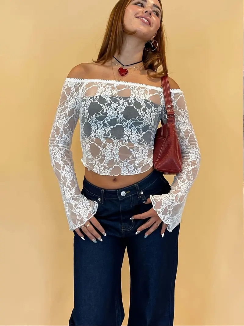Floral Pattern Off Shoulder Lace T-shirt, Elegant Flare Sleeve Crop Top For Spring & Fall, Women'... | Temu Affiliate Program
