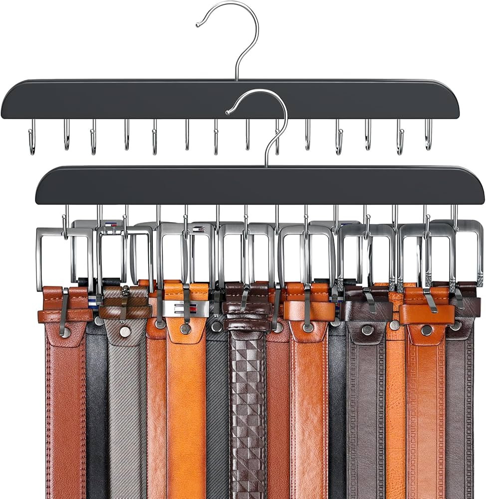 Belt Hanger for Closet Max 42 Belts, Sturdy Wood Belt Rack Closet Accessories with 14 Hooks Belt ... | Amazon (US)