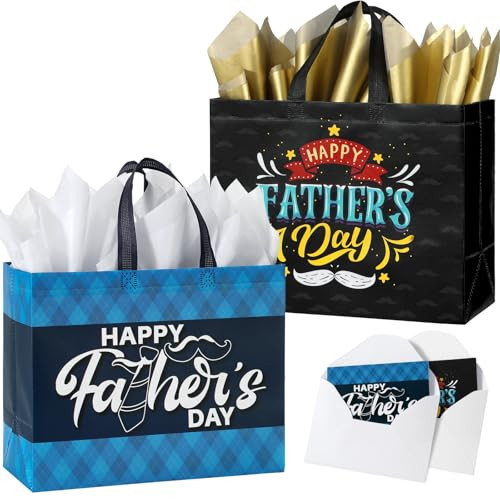 13" Fathers Day Gift Bag with Tissue Paper,2 Pack Large Father's Day Bag Bulk,Reusable Gift Bag with Handles -Father's Day Gifts for Dad,Grandpa,New Dad,Brother,Grandfather Fathers,Uncle (Black,Blue) | Amazon (US)
